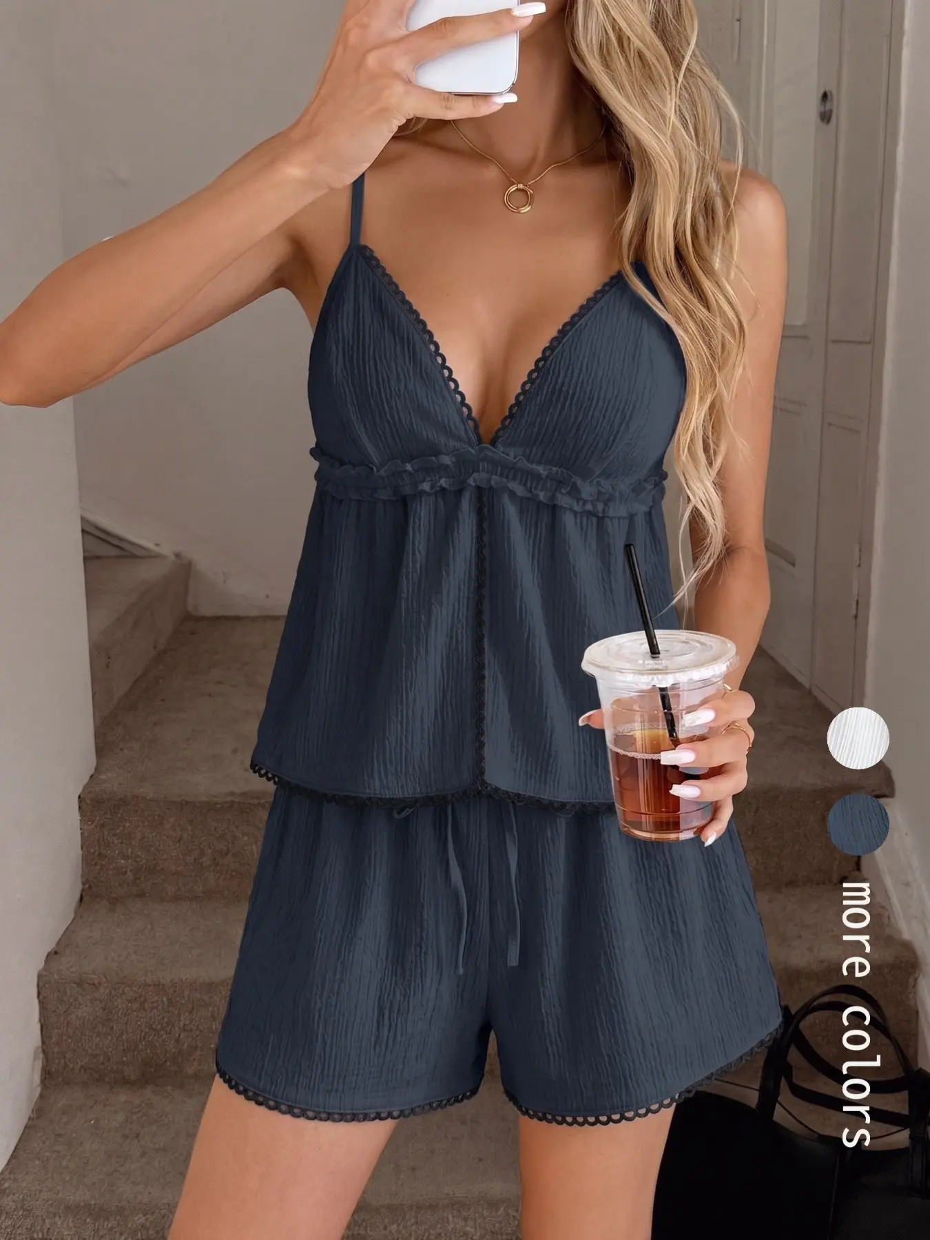 Women's Boho Bohemian White Beach Outfit, 2-Piece Set with Sleeveless Ruffled Camisole Top and Shorts, Lightweight Breathable Summer Vacation Womenswear