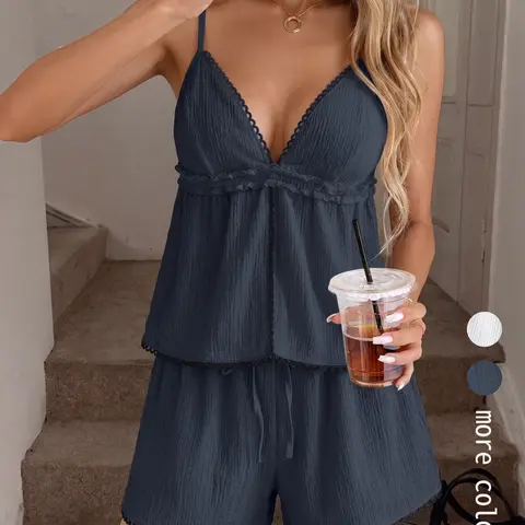Women's Boho Bohemian White Beach Outfit, 2-Piece Set with Sleeveless Ruffled Camisole Top and Shorts, Lightweight Breathable Summer Vacation Womenswear