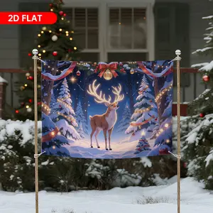 Christmas Theme Background Banner, Durable Polyester, Snowy Forest Christmas Reindeer, Decorated with Christmas Balls and Lights