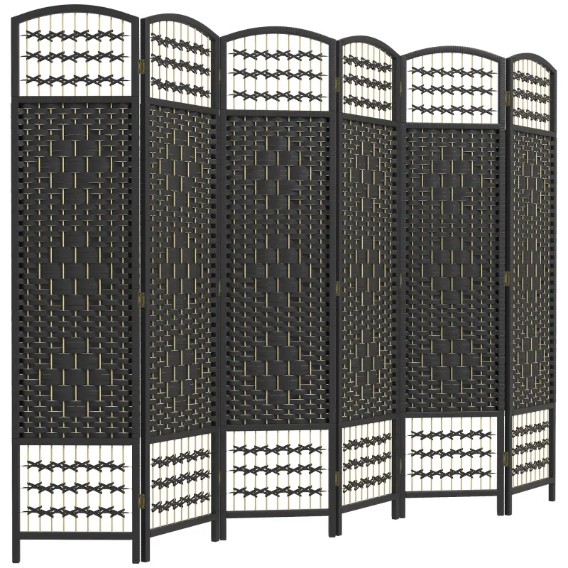 6-Panel Foldable Bamboo Room Divider, Folding Privacy Screen for Home Office & Bedroom, 5.6' Room Separator, Wave Fiber Freestanding Partition Wall, Black, 94.5" L x 0.5" D x 67" H, High-Quality Premium Materials, Partition Wall Divider