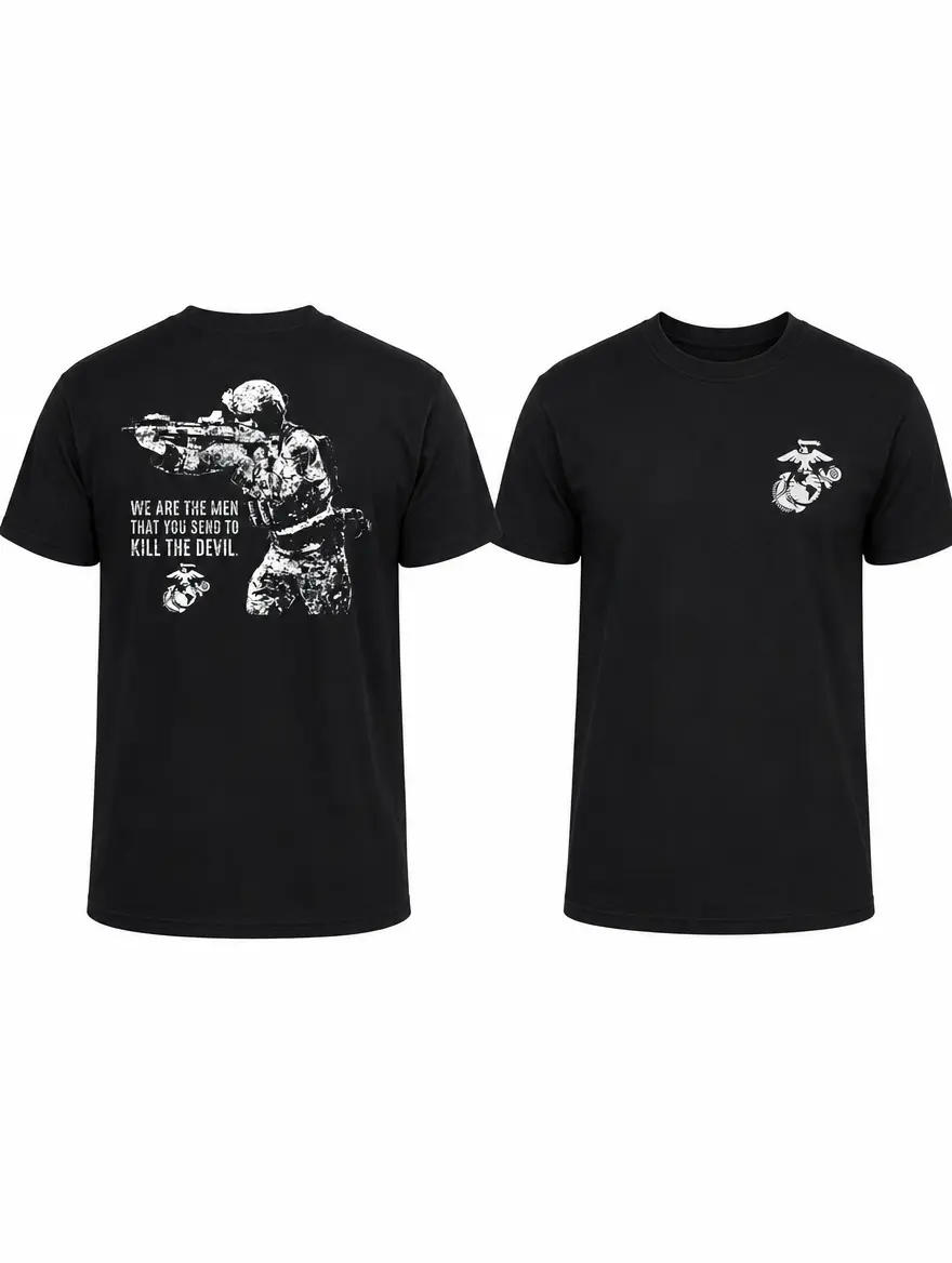 U.S. Marine Corps Sniper T-Shirt, Bold Soldier with Rifle Graphic and Kill the Devil Quote 2 Sides, Soft Cotton Blend Tactical Military Pride Shirt for Men & Women, Streetwear, Vacation Outfits, 2000s Outfits Baggy Long