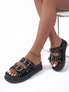 Women's Rivet Buckle Thick Sole Sandals, One-Step Easy On/off Design, Open Toe Platform Slippers, Summer Beach Fashion, Metal Buckle Sandals, Platform Buckle Slide