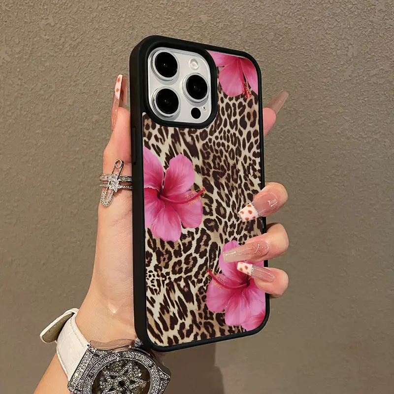 Multi-Functional Magnetic Case for iPhone11/12/13/14/15/16/promax Bold Leopard Print & Pink Hibiscus MagSafe Ready, Anti-Fall,Ultra-Thin Design | Perfect for Everyday Use