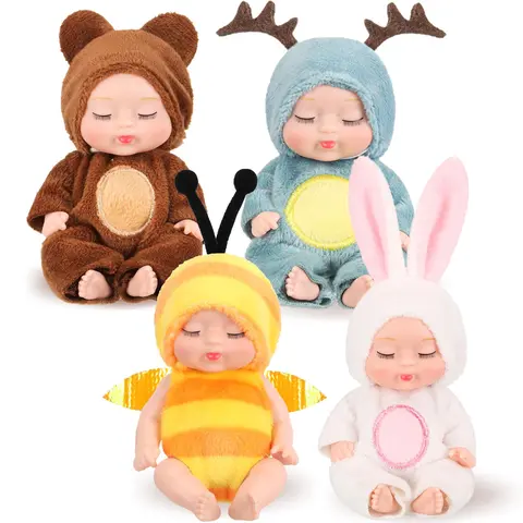 4 Pcs Mini Animal Sleeping Reborn Dolls for Holiday Gifts Cute Reborn Sleepy Doll Lifelike Realistic Doll with Clothes Bedroom Decor Birthday Gift for Girls Party Supplies