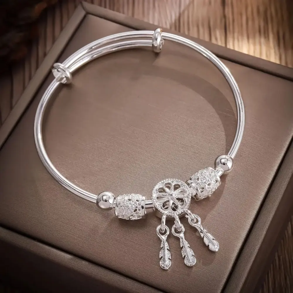 925 Sterling Silver Exquisite Bangle for Women, Adjustable Cuff with Feather, Tassel, and Round Bead Charms, Luxury Wedding Jewelry Gift, Tassel Charm, Bead Accents, Adjustable Size, Unisex, Pretty Bracelet, Beautiful Bracelets