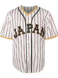 Sporty Men's Letter & Number Embroidery Striped Print Contrast Binding Embroidered Baseball Jersey Shirt, Casual V Neck Short Sleeve Button Front Baseball Top for Training & Competition, Sportswear for All Seasons