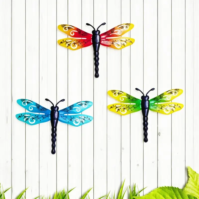 3 Pack Colorful Metal Dragonfly Wall Decor, Hand-Painted Outdoor Wall Art, Hanging Sculpture for Garden, Patio, Home Decor, Garden Sculptures Statues, Exterior Decorative Statues