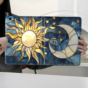 Stained Glass Sun Moon Art Deco Celestial Design iPad Book Case, Tablet casing for iPad Pro with pencil slot, suitable for iPad mini, air Scratch-resistant ultra-thin Cover, shock-resistant full cover case suitable for home, office, school Protection