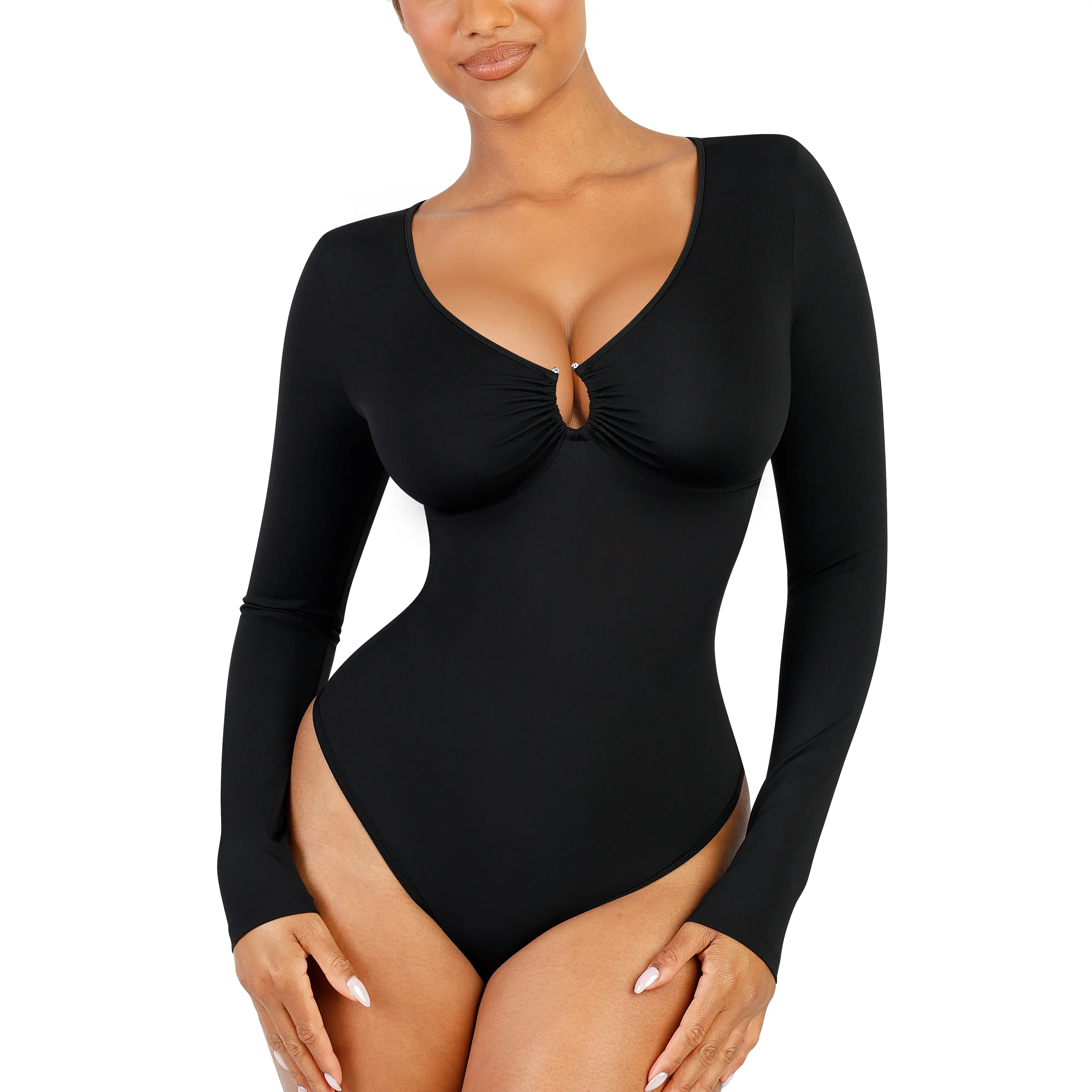FeelinGirl Long Sleeve Shapewear Bodysuit for Women-Tummy Control Body Suit Thong V Neck Shapewear