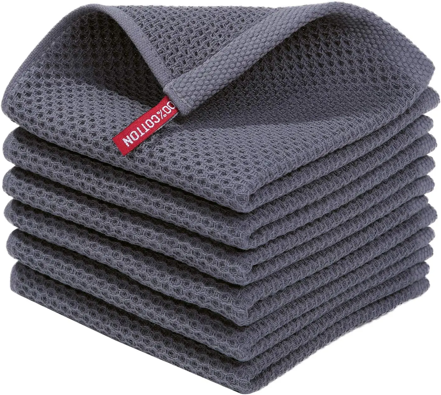 Dark Grey 100% Cotton Waffle Knit Dish Cloths, 6-Pack (12x12 in) Ultra Soft, Absorbent, Quick-Drying, Machine-Washable, Durable Reusable Kitchen Linens for Dishes, Countertops, Cleaning