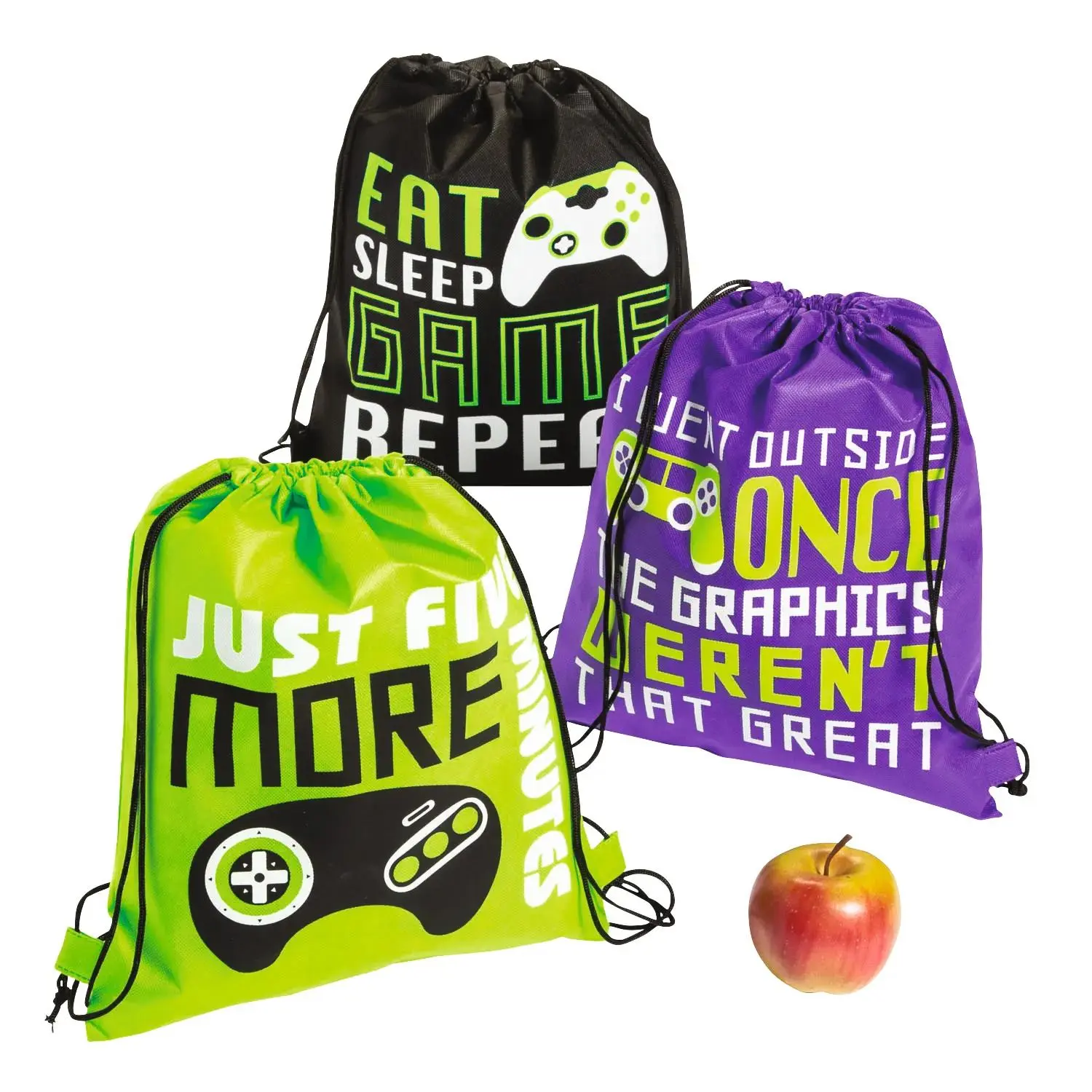 12" x 15" Medium Gamer Controllers & Sayings Nonwoven Drawstring Bags – 12 Pc.