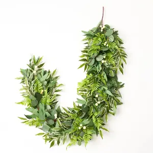 Real Touch Silver Dollar Eucalyptus, Variegated Smilax & Boston Fern Everyday Mantle Garland Table Runner