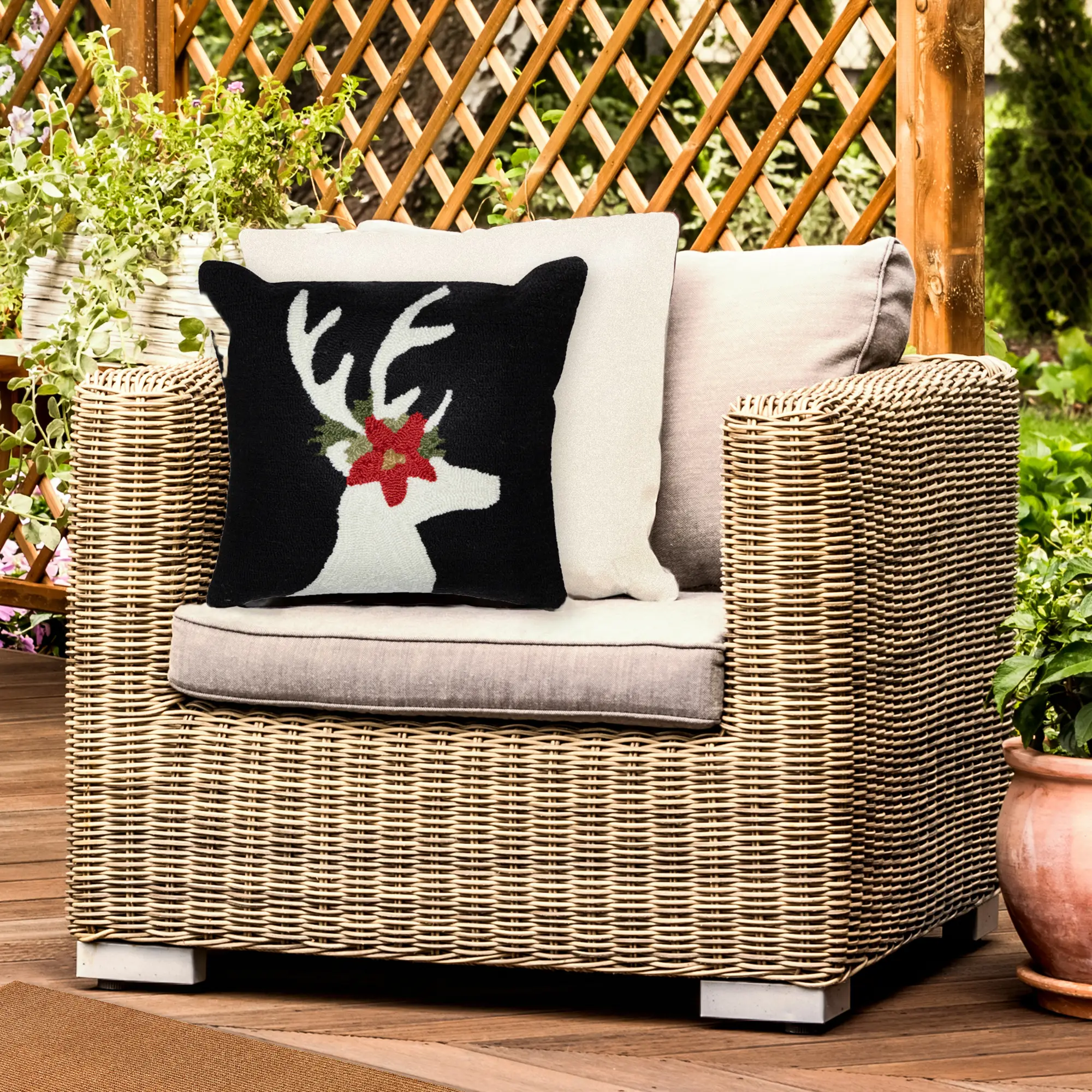 Lush Decor Handmade Indoor/Outdoor Pillow - Transitional Geometric Festive Reindeer Accent, Outdoor Cushions for Patio Furniture, Cushions for Porch