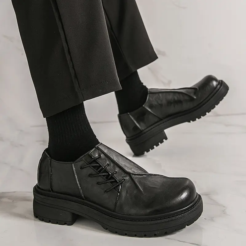 ONXITOM Men's Faux Leather Lace-Up Low Top Oxfords - Wide Round Toe, Ankle Height, Subtle Platform Lift, Comfortable Lightweight Non-Slip Lug Sole, All Season, Grip for Standing, Business Office Wear