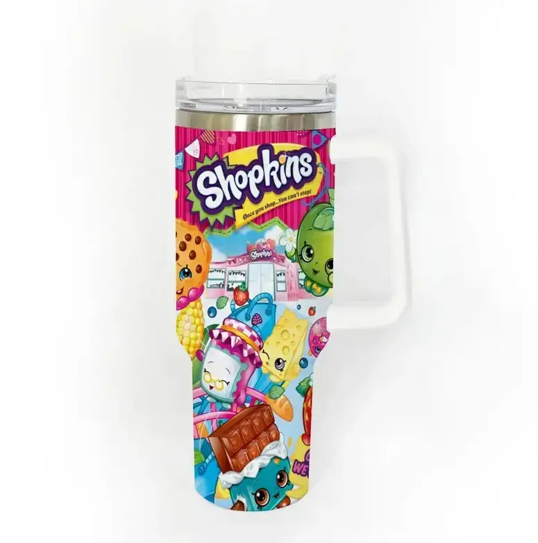 [Cute Kawaii Cartoon Style] Shopkins Inspired Tumbler 40oz With Handle, Colorful Cute Character Pattern Stainless Steel Insulated Travel Cup, Fun Cartoon Drinkware Gift For Fans