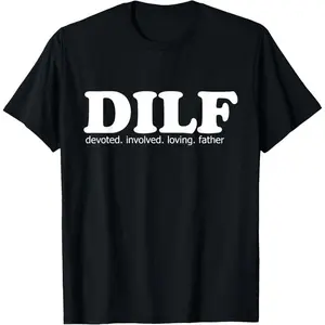 Men's Short-Sleeve Round Neck Funny Graphic Vintage DILF (Devoted Involved Loving Father) Menswear Streetwear T-Shirt, Casual Black Crew Neck Top