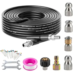Sewer Jetter Kit for  Washer 30FT,Drain Cleaner Hose 1/4 Inch NPT Corner, Rotating and Button Nose Sewer Jetting Nozzle Kit  Tape  Corsage Pin and Spanners,5800PSI