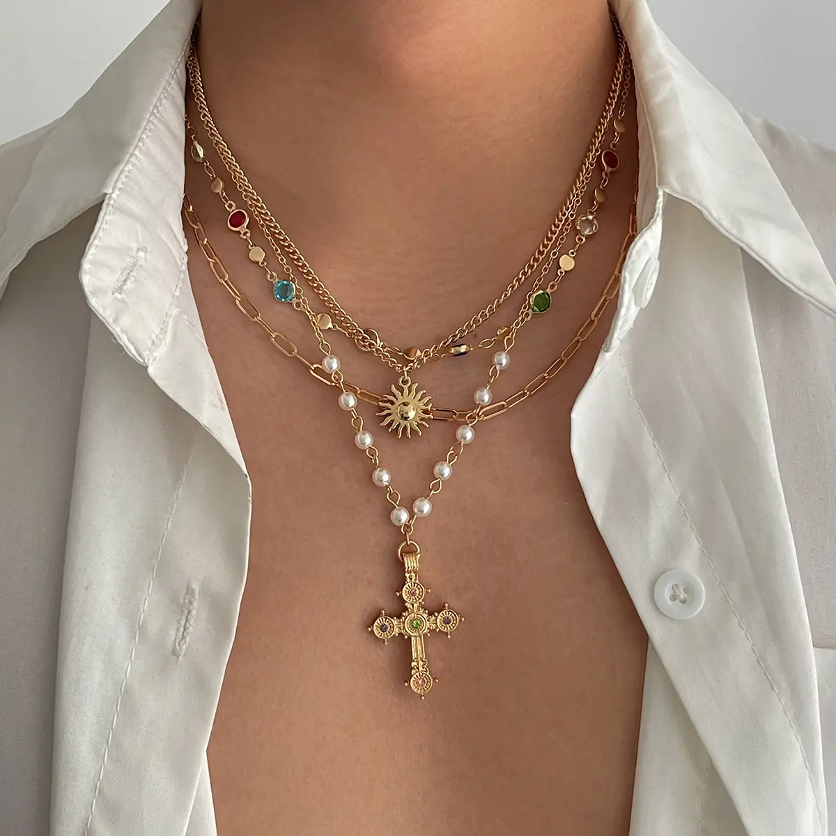 Unisex 4-Piece Retro Y2K Layered Necklace Stack - Gold Tone Alloy, Colorful Crystal Beads, Sun & Ornate Cross Pendants, Bohemian Gothic Boho Jewelry for Everyday, Church, Birthday & Easter Gifts (Religious Design, Retro Hippie Style, Aesthetic), Boho Neck