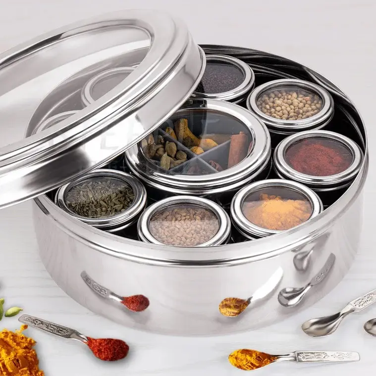 Stainless Steel 12-In-1 Masala Dabba Spice Box, 12 Compartments, See-Through Lid, 22.5cm