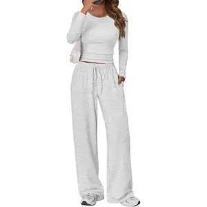 Women's 2 Piece Matching Lounge Set Long Sleeve Side Ruching Top Wide Leg Drawstring Pants Set with Pockets