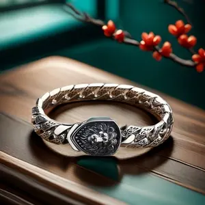 A powerful silver bracelet with a lion's head, perfect for men as a birthday gift for their boyfriend or father.
