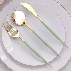 24-Pack Plastic Flatware Set 8" Metallic Gold with Sage Green Handle - Modern Heavy Duty Disposable Silverware