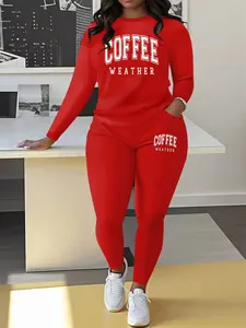 Women's Leopard Print Long Sleeve Fitted Casual Pocket Jogger Pants Set, Elegant Fall Winter Plus Size Fashion Two-Piece