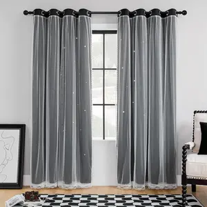 Modern Hollow Out Star Curtains, Princess Style Girl Room Curtain, Dual Layer Sheer Fabric, Luxury Light Blocking, Living Room Bedroom Ready-To-Hang