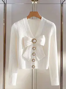 Women's Autumn Solid Color Ribbed Knit V-Neck Bow Tie Metal Buckle Button Elegant Long Sleeve Top, Fashionable Fitted Design, Knitwear, Womenswear
