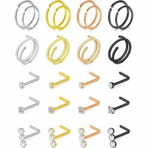 24PCS 20G Stainless Steel Nose Ring Set, Unisex L-Shaped Studs & Silver-Golden Hoops for Thin Nostrils, Ideal for Piercings (Single, Double) & Christmas, Wedding Gifts, Nose Piercing, Double Nose Piercing
