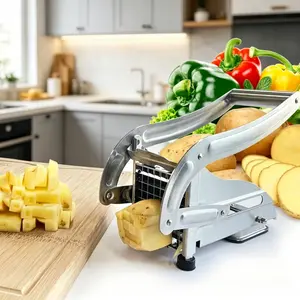 Stainless Steel French Fry Cutter Kitchen Essentials Kitchen Gadget with 4 Interchangeable Blades Non-Slip Suction Base Stable Veggie Slicer Bonus Vegetable Peeler Included Ideal for Potato Carrot Cucumber All Vegetables