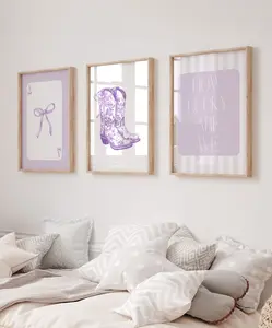 Purple How Lucky Are We Set of 3 Coastal Cowgirl Print Coquette Bow Boots Girly Western Wall Art Coquette Bow Cute Poster Trendy Dorm Decor