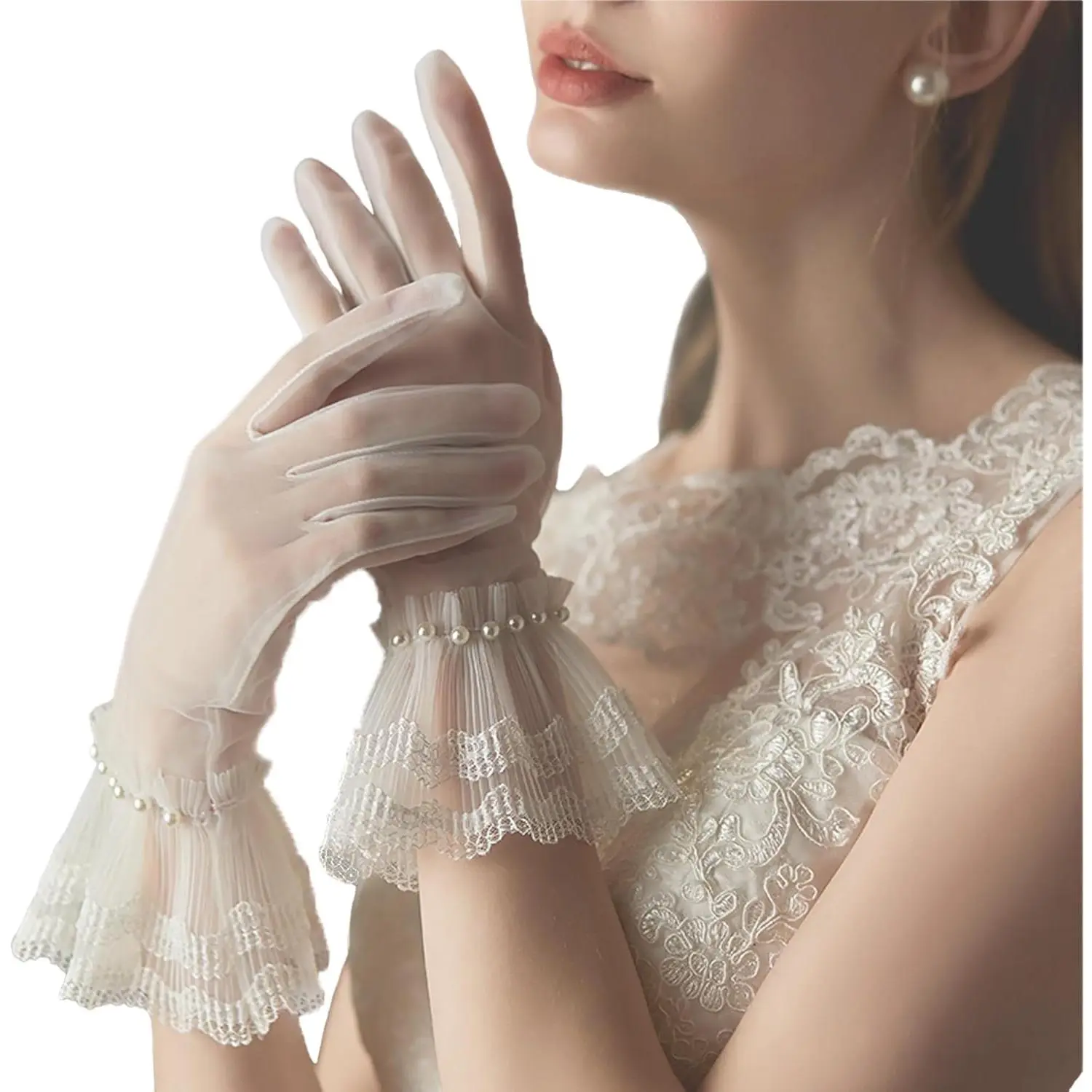 Women's Short-Length Wedding Gloves - White, Black, Mesh Tulle Lace Ruffled, Pearl Accents, Hand Washable, Exquisite Comfortable Design for Bridal Special Occasions, Ideal Gift for Loved Ones