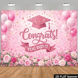 2D Flat Pink Dreamy Graduation Celebration Backdrop, Featuring Sparkling Graduation Cap, "Congrats! YOU DID IT" Artistic Letters, Pink And White Balloons, Golden Sequins, Rose Bush, And Starry Accents, Creating a Luxurious Celebration Atmosphere