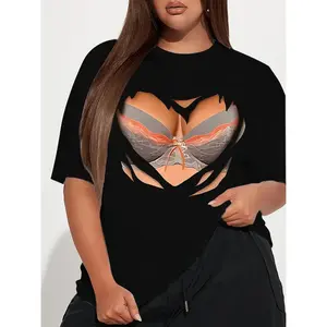 3D Bra Print Illusion T-Shirt, Funny Fake Bralette Graphic Tee Women's Plus Size Funny 3D Bra Print Short Sleeve T-Shirt Optical Illusion Bra Print Casual T-Shirt, Novelty Fake Crop Top Tee Funny 3D Bralette Print Oversized Black T-Shirt