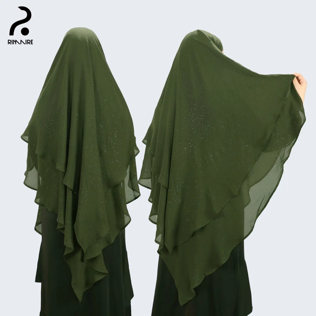 Women's 2-Layer Chiffon Khimar with Diamond Accents - Instant Large Layered Hijab, Soft Breathable Dubai Style Modest Scarf, Clothing for Muslim, Instant Large Hijabs, Wrap