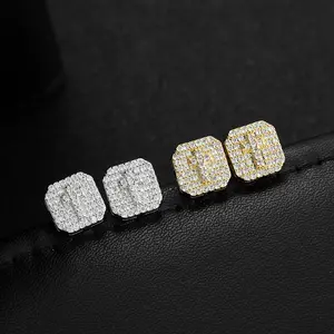 Cross Square Stud Earrings 14K Gold Plated Silver Cubic Zirconia Iced Out Sparkle hypoallergenic Cartilage Square Flat Stud Cross Earrings For Men Women