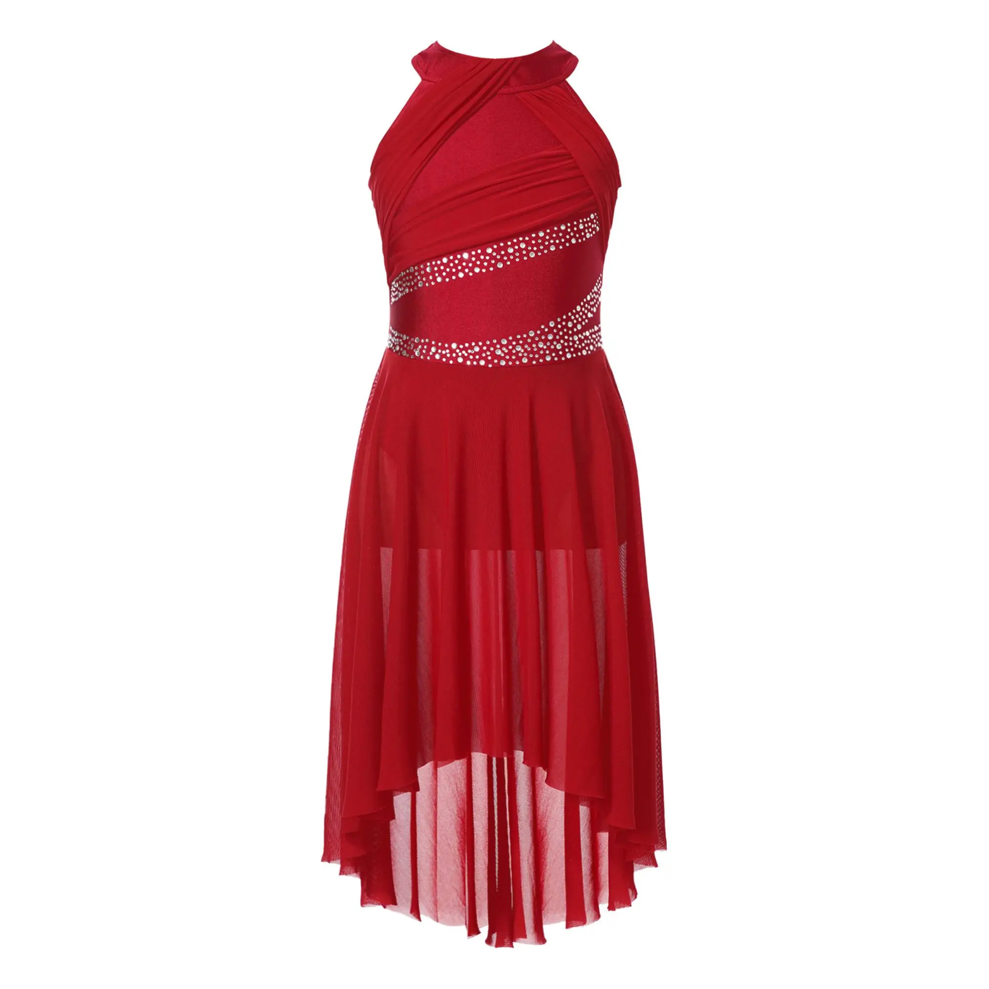 Kids Girls Sleeveless Rhinestone Ruched Lyrical Dance Dress Costume Skirt