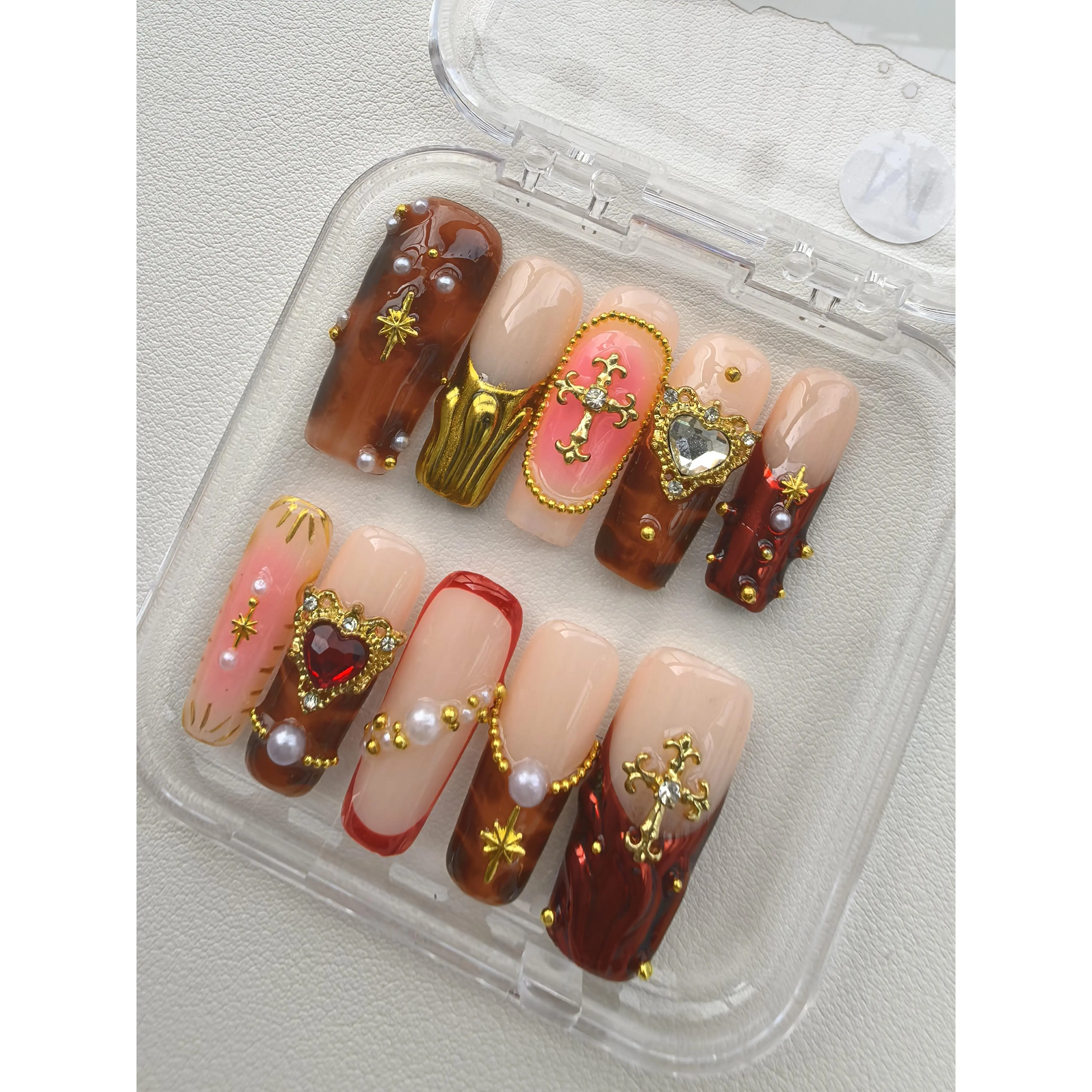 Handmade Solid Gel Press-On Nails, Custom Measure Fit Salon Ready Manicure, 10 Pieces Long-Lasting Reusable Tips in a Box, Elegant