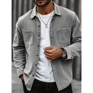 Corduroy Material Men's Casual Shacket, Lapel Collar Button Long Sleeve Shacket With Dual Pockets, Suitable For Casual, Fashion, Commuting, Street Style In Spring And Autumn