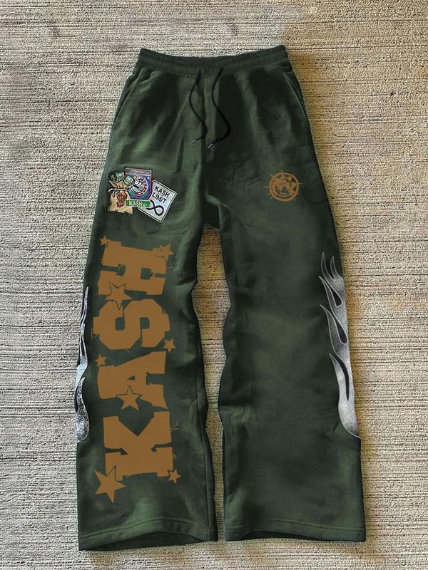 Trendy Black Fleece - lined Sweatpants with "KASH" Lettering, Star and Flame Graphics, Ideal for Street - style and Hip - hop Wear, Trending on TikTok #Sweatpants #StreetFashion #TikTokTrend, Sports Casual Pants