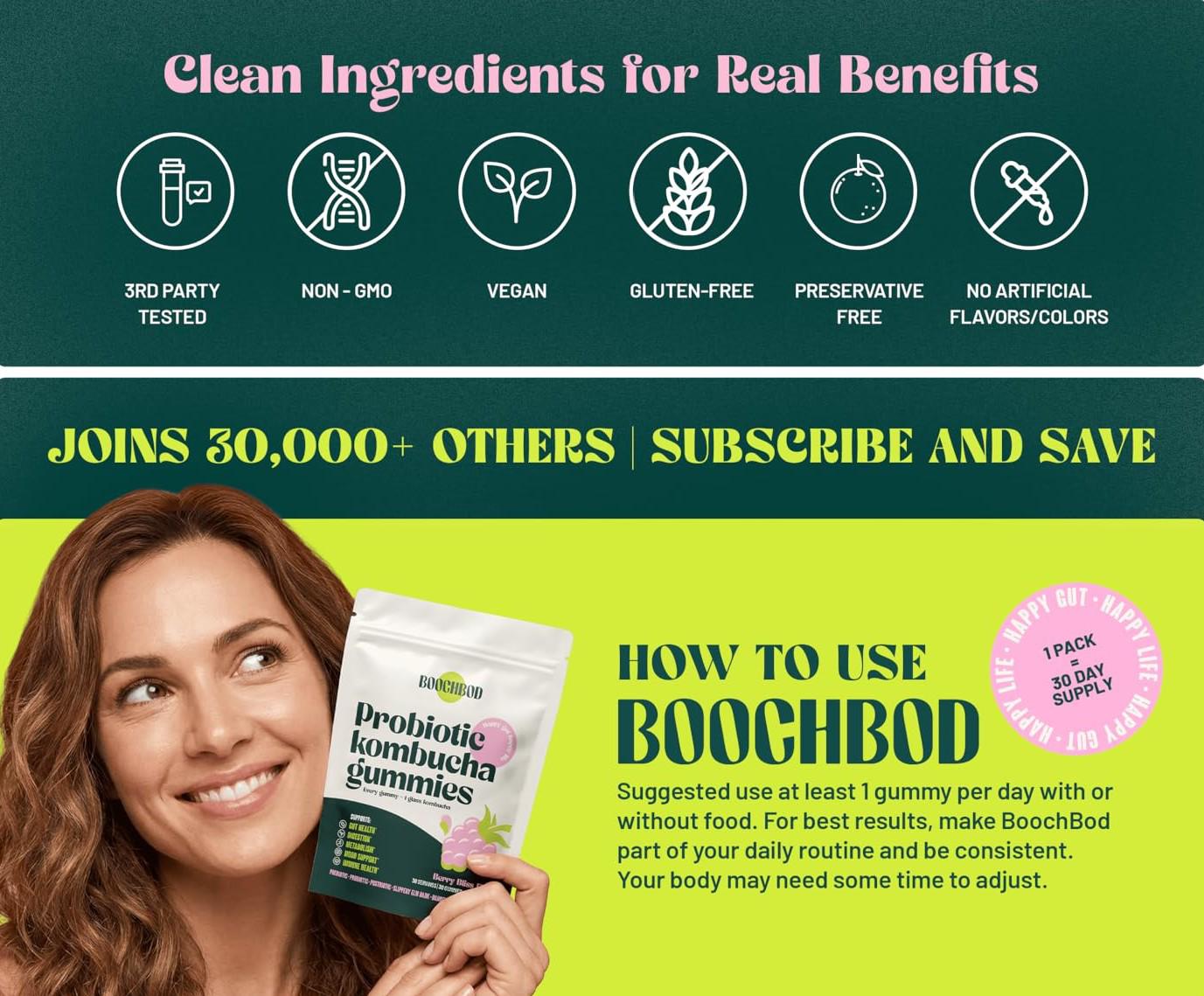BoochBod Probiotic Kombucha Gummies - Berry Flavored Supplement for Digestive Health & Gut Balance - Daily Dietary Vitamin with Prebiotics, Probiotics, Postbiotics, Slippery Elm, Dandelion Root, MCT Oil, for Bloating, Gut Health