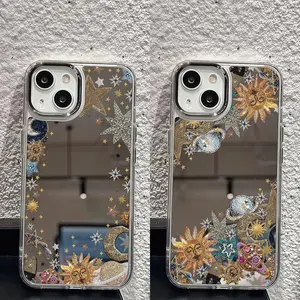 Celestial Sun Moon Star Astrology Aesthetic Mirror 2-in-1 Phone Case| Fashionable Clear Protective Cover with Mirror Design| Shockproof Case for IPhone 17 Air 16 15 14 Plus 13 12 11 Pro Max  Samsung galaxy Ultra 22 23 24 25 26 series