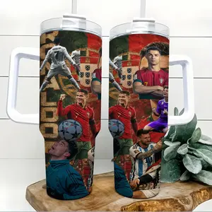 Ronaldo Messi Soccer Legends 40oz Tumbler with Handle and Straw, No.7 No.10 Football Champion Graphic Insulated Cup, Stainless Steel Travel Mug Water Bottle Coffee Cup for Sports Fans Gym Car Office Birthday Gift