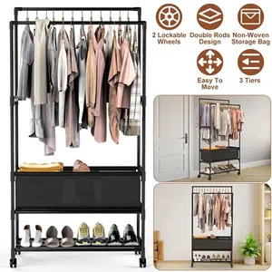 Double Rods Garment Rack with Storage Bag Portable Clothing Rack with Shelves Lockable Wheels Small Portable Closet Storage Bag Height Adjustable Hanging