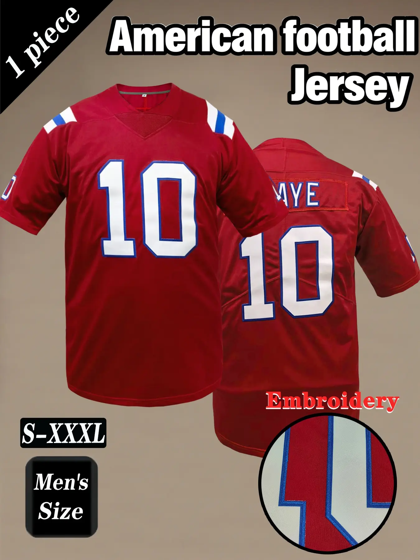 Men's # 10 American football jersey, Embroidered Jerseys, Football Uniform, MAYE Embroidery Classic New England rugby sweatshirt, loose and breathable hip-hop casual T-shirt, suitable for daily casual outdoor sports training, unisex, Sports Style Jersey
