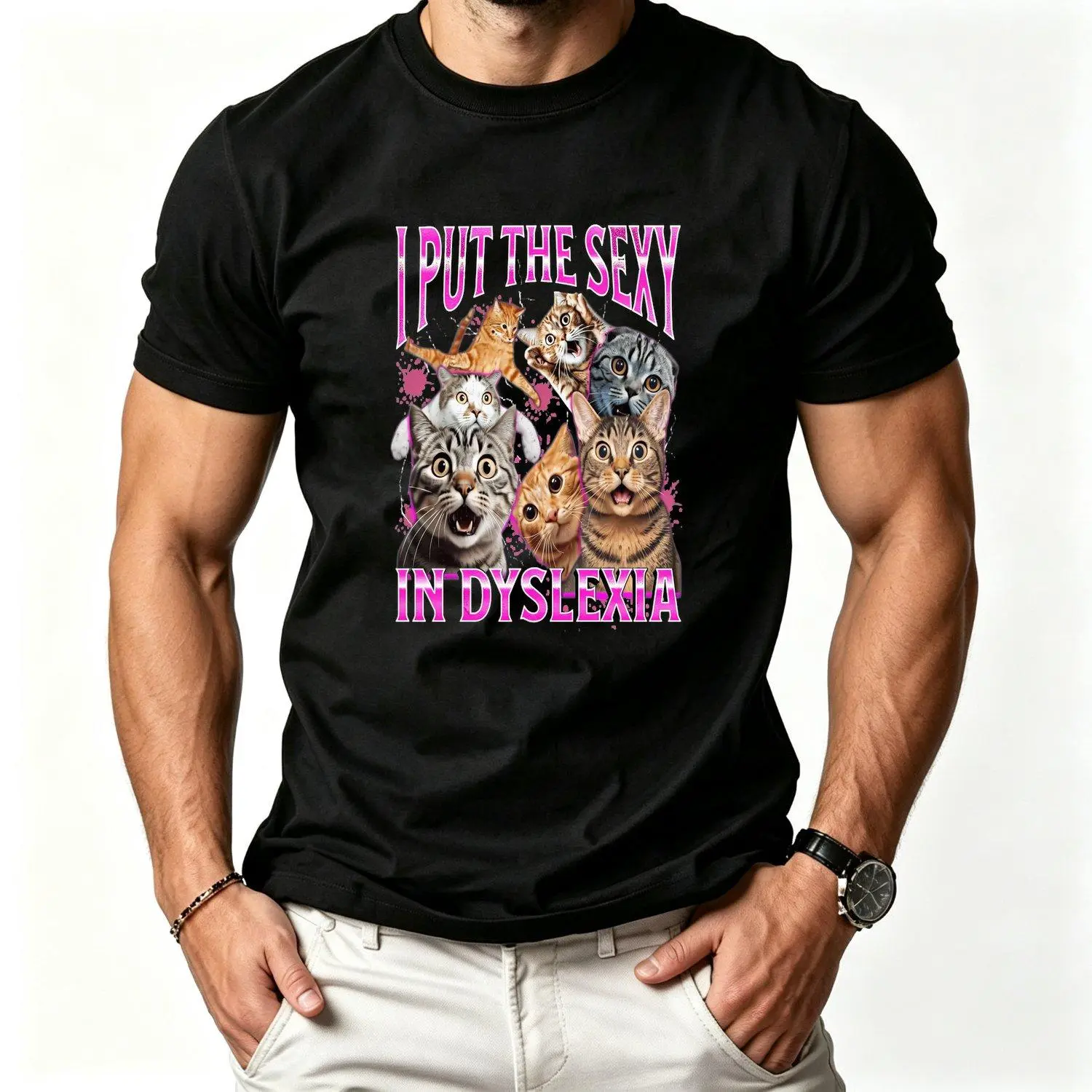 Men Short Sleeves Sport T Shirt Put The Sexy In Dyslexia Funny Cat Meme Bootleg Graphic Crew Neck Tee Stylish Print Casual Comfortable Travel Clothing Fashion Enthusiasts Ideal Summer Spring Fall Daily Wear