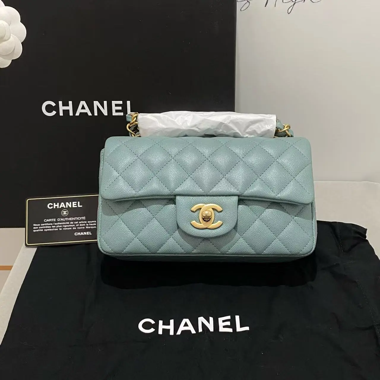 Pre-owned CHANEL Classic Rectangular Mini Flap Light Blue Caviar Gold Hardware SC203