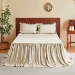 Brushed Microfiber Ruffle Skirt Bedspread Set - 3 Piece King, 30" Long Drop, Linen Shabby Chic Style Soft Bed Spread and Pillow Shams, Vintage Farmhouse French Country Decor