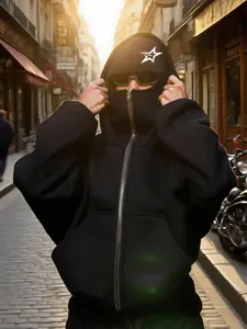 Unisex Loose Full Zip Hoodie, Simple Graphic Design, Fleece Lined Warm Jacket, Ninja Style Balaclava Hood for Streetwear